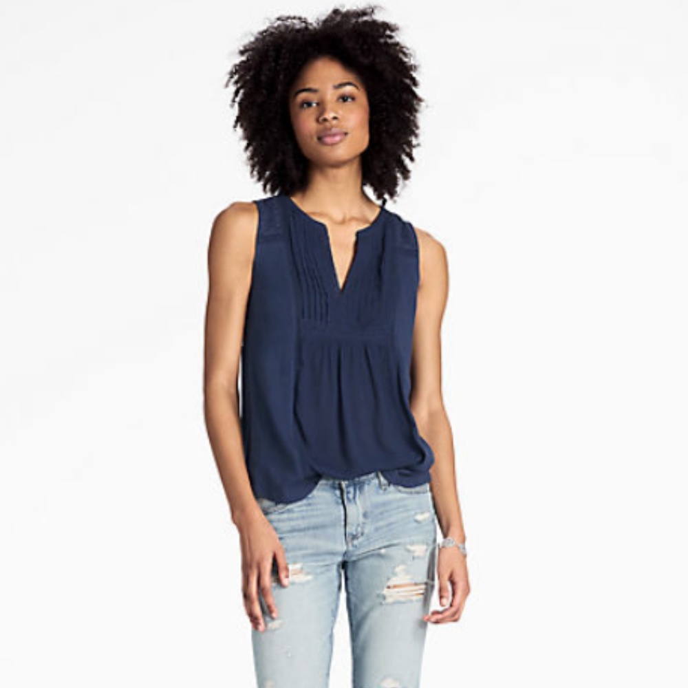 Lucky Brand Embroidered Pintuck Tank Navy